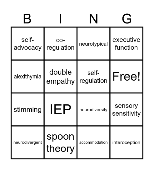 Neuro Speak Vocabulary Bingo Card
