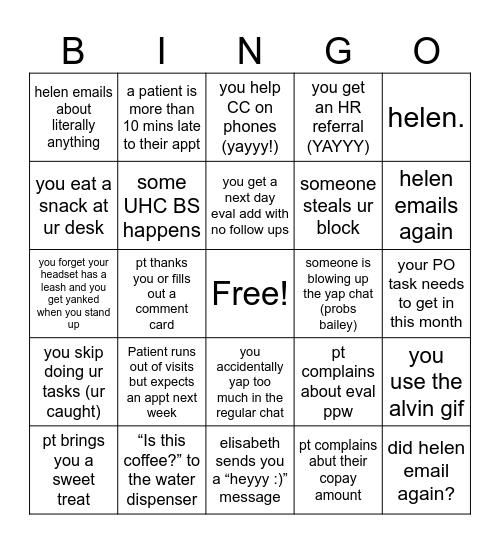 PT RECEPTION Bingo Card
