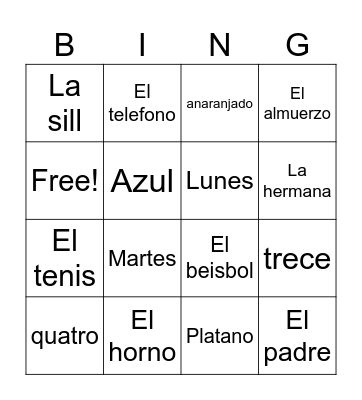 Spanish words Bingo Card