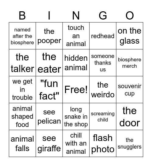 the FREAKING zoo Bingo Card