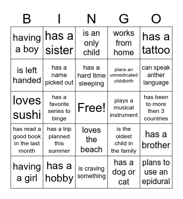 getting to know you pregnancy BINGO Card