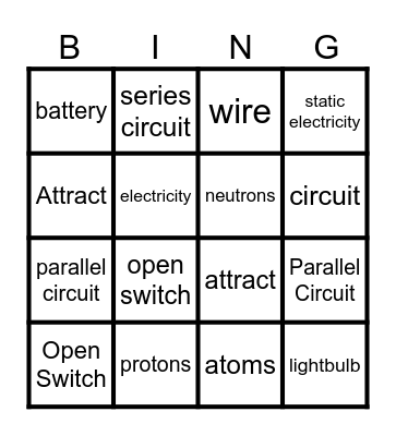 Static Electricity & Circuits Bingo Card