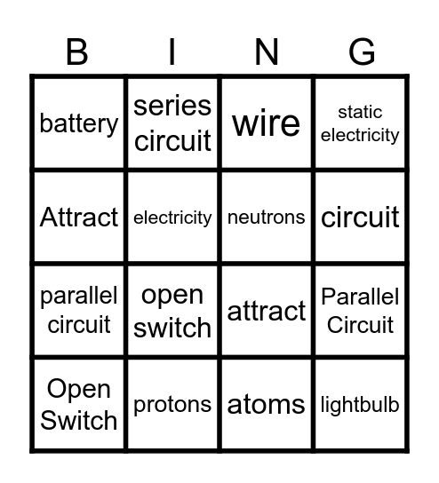 Static Electricity & Circuits Bingo Card