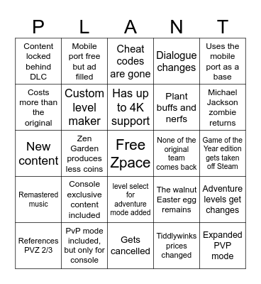 PVZ Reloaded Bingo Card