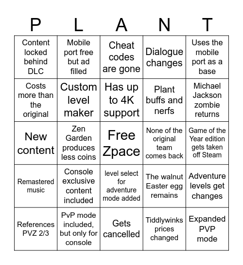 PVZ Reloaded Bingo Card