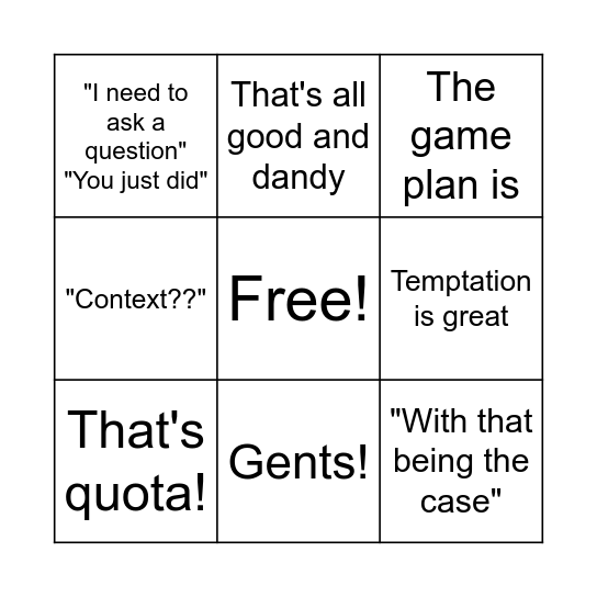 Rory Bingo Card