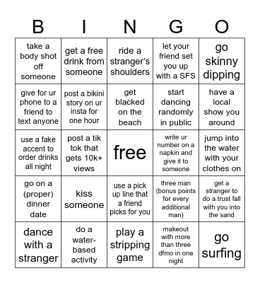 spring break Bingo Card