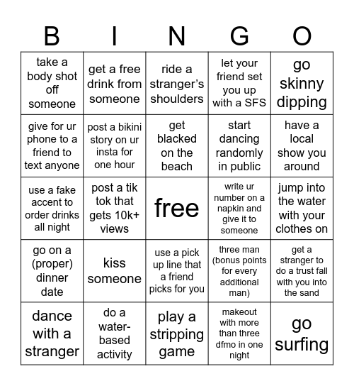 spring break Bingo Card