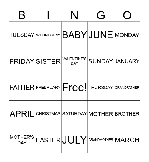 HOLLIDAYS, DAYS OF WEEK, FAMILY Bingo Card