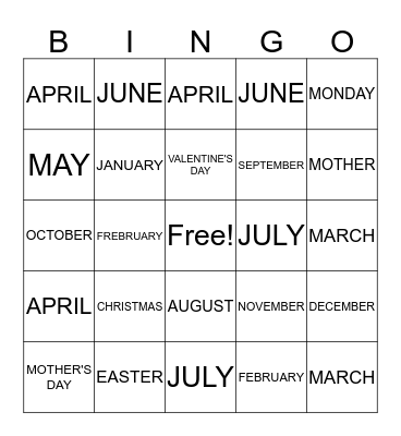 DAYS OF WEEK, FAMILY, MONTHS Bingo Card