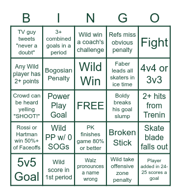 Minnesota Wild Bingo: 3/19 vs Kraken Bingo Card