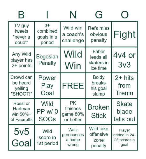 Minnesota Wild Bingo: 3/19 vs Kraken Bingo Card