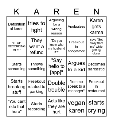 Karen bingo board Bingo Card