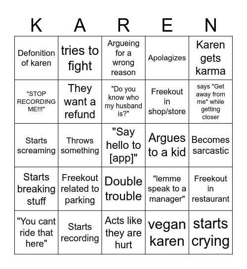 Karen bingo board Bingo Card