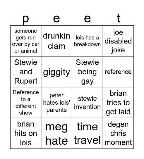 Family Guy Bingo Card