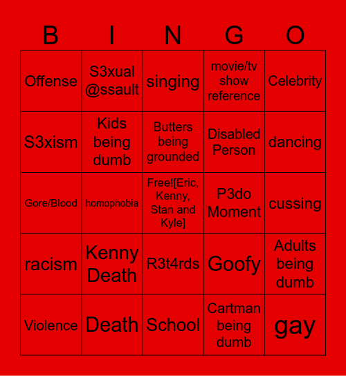 South Park Bingo Card