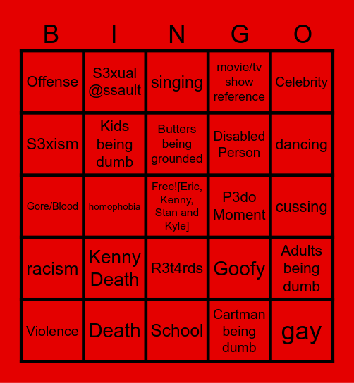 South Park Bingo Card