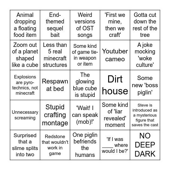 Minecraft Movie Bingo Card