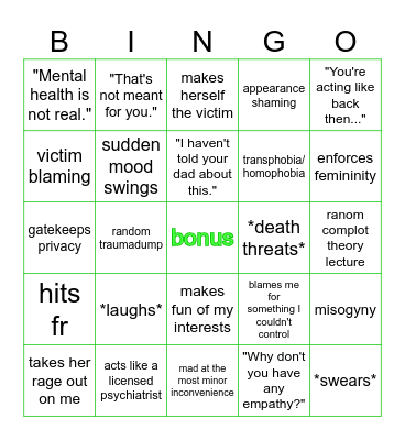 mother reaction bingo Card