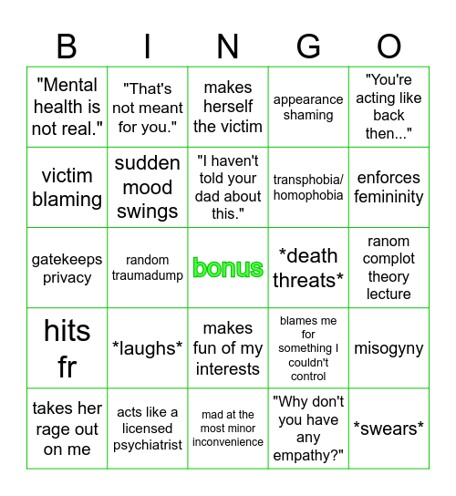 mother reaction bingo Card