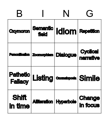 Language & Structure Techniques Bingo Card