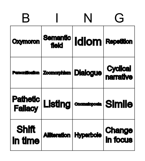 Language & Structure Techniques Bingo Card
