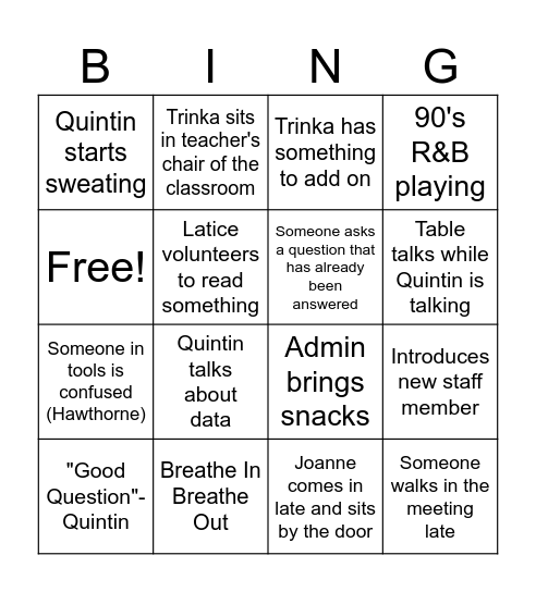 Staff Meeting Bingo Card