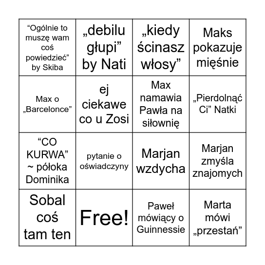 Stolik stoi jak stał Bingo Card