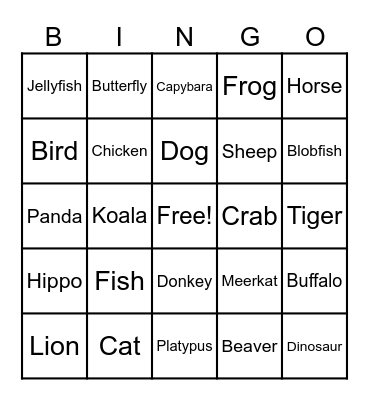 Animal Bingo Card