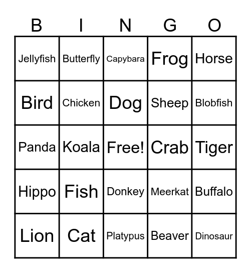 Animal Bingo Card