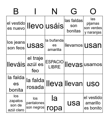 La ropa, llevar y usar  Bingo Card