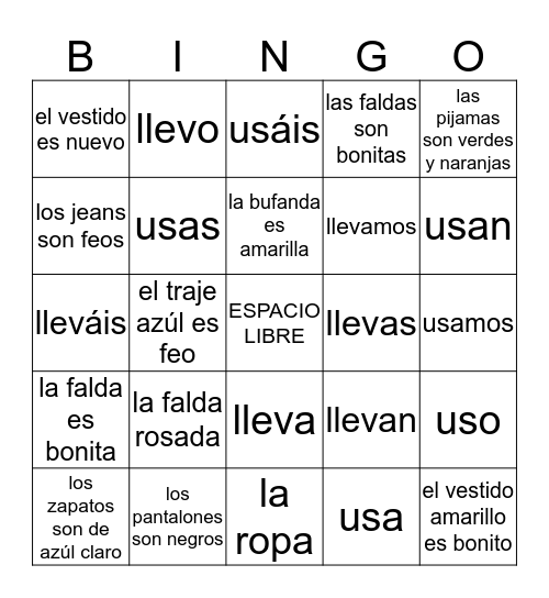 La ropa, llevar y usar  Bingo Card