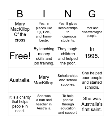 Mary Mackillop Of The Cross Bingo Card