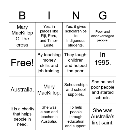 Mary Mackillop Of The Cross Bingo Card