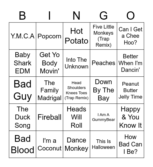 Kids Music Hits! Bingo Card