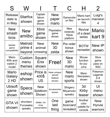 Switch 2 Direct Predictions Bingo Card