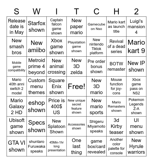 Switch 2 Direct Predictions Bingo Card