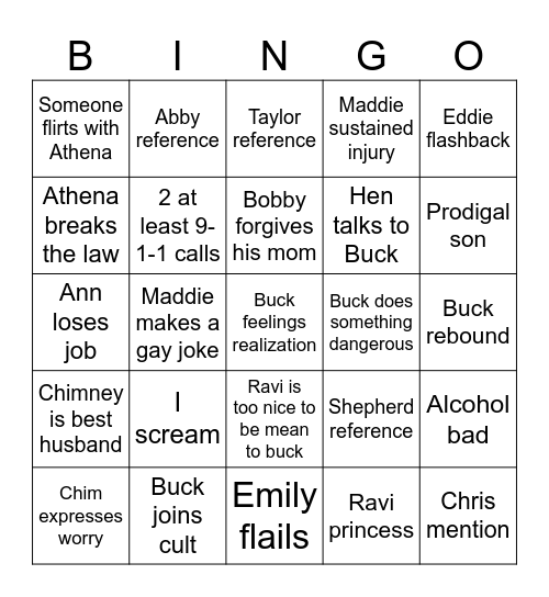 9-1-1 Watch Bingo Card