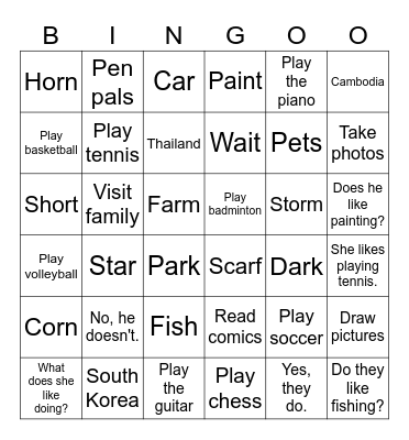 UNIT 10_ DO THEY LIKE FISHING? Bingo Card
