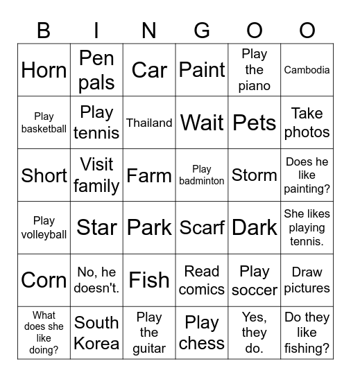 UNIT 10_ DO THEY LIKE FISHING? Bingo Card