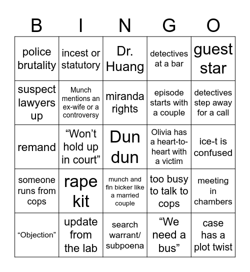 Law & Order SVU Date Night!! Bingo Card