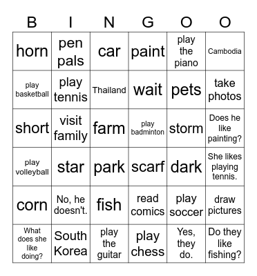 UNIT 10_ DO THEY LIKE FISHING? Bingo Card