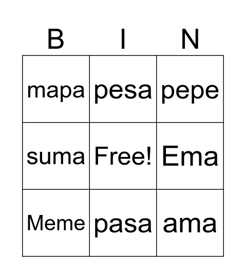 palabras con letras M, S, P Bingo Card