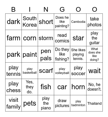 UNIT 10_DO THEY LIKE FISHING? Bingo Card