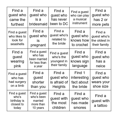 FIND THE GUEST BRIDAL BINGO Card