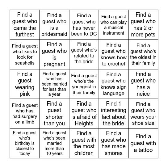 FIND THE GUEST BRIDAL BINGO Card