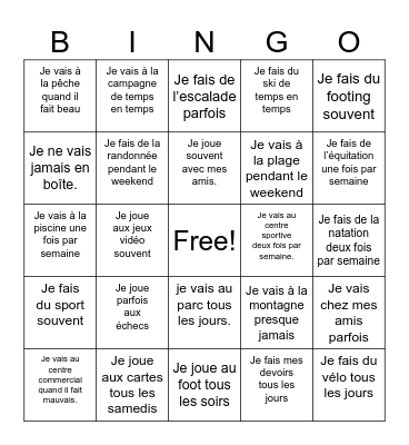 Les Passe-Temps (French) Bingo Card