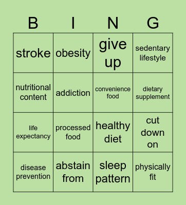 Healthy Lifestyle Bingo Card