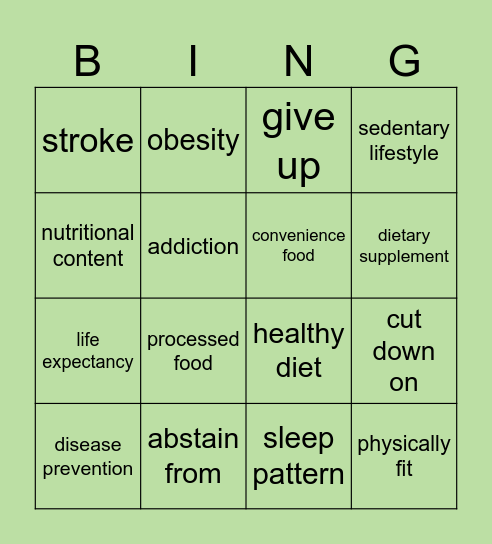 Healthy Lifestyle Bingo Card
