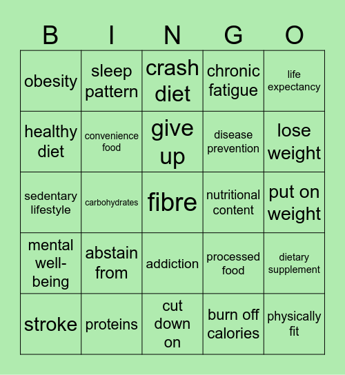 Healthy Lifestyle Bingo Card